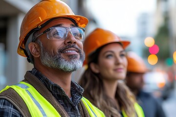 diverse group of construction workers in hard hats and safety vests collaborating on a blueprint at a modern building site