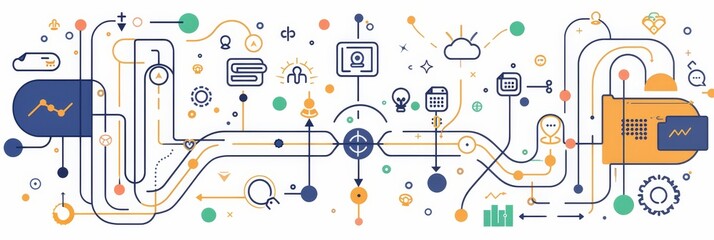 Connected Data Flow and Information Network - A complex network of connected lines, dots, and icons symbolize data flow, information processing, connectivity, and integration.