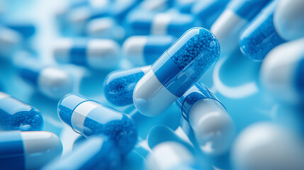 Blue Pills in Motion: A macro shot of vibrant blue and white capsules, symbolizing medicine, health, and pharmaceutical advancements.