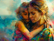 © Aodsy - A vibrant, artistic portrayal of a mother and daughter embracing, surrounded by a colorful abstract background, symbolizing love and connection.