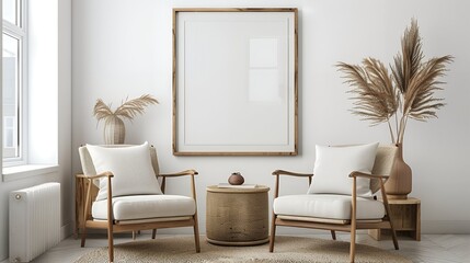 Two armchairs in room with white wall and big frame poster on it Scandinavian style interior design of modern living room