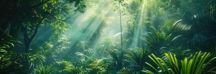 A lush green jungle with sunlight shining through the trees