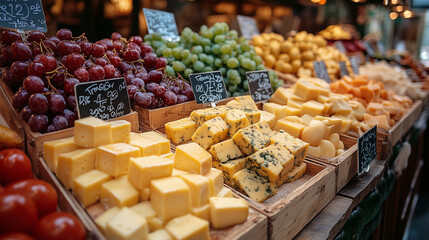 Cheese and Grapes Market Stall: A vibrant display of fresh cheese and grapes at a bustling market stall, featuring a variety of cheeses, grapes, and tomatoes. The rustic wooden crates and handwritten 