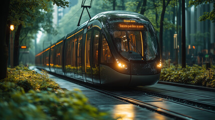 Modern Tram in a Rain-Kissed City: A sleek, modern tram glides through a lush urban landscape, its headlights illuminating the glistening asphalt in a captivating scene of contemporary transportation 