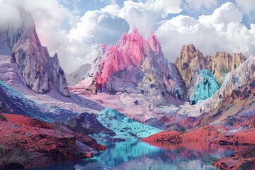 Poster - Surreal colorful mountain range and serene lake in a dreamlike scenic view