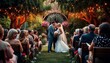© abu - In a lush garden, a bride and groom exchange vows amid vibrant blooms and fairy lights. Confetti flutters as golden hour light adds a serene, rustic touch.