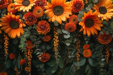 Poster - Sunflowers and festoons creating a bright and cheerful boho wedding backdrop 