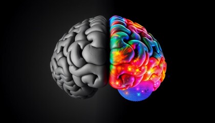 divided brain left side gray and monotone right side bursting with bright colors and light solid black background illustrating the contrast between dullness and vibrancy