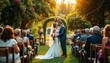 © abu - In a lush garden, a bride and groom exchange vows amid vibrant blooms and fairy lights. Confetti flutters as golden hour light adds a serene, rustic touch.