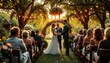 © abu - In a lush garden, a bride and groom exchange vows amid vibrant blooms and fairy lights. Confetti flutters as golden hour light adds a serene, rustic touch.