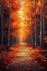 Poster - Path leading through autumn forest. Autumn landscape painting. Trees and shrubs in fall colors.