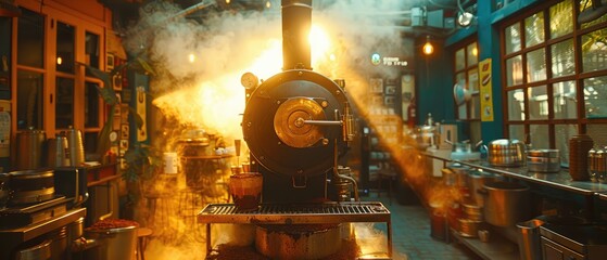 A steamy kitchen with a large black steam engine in the center