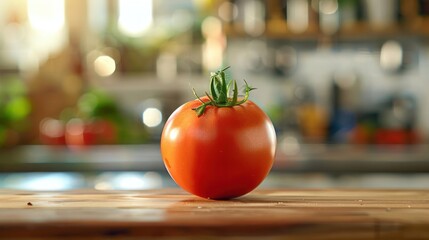 A fresh red tomato cut in half, sitting on a wooden bar or table,