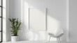 © Tida - Minimalist White Interior Design with a Blank Canvas - A modern white interior with a blank canvas, a chair, and a plant, symbolizing simplicity, elegance, creativity, and potential.