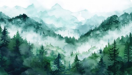 Wall Mural - A painting of a forest with mountains in the background