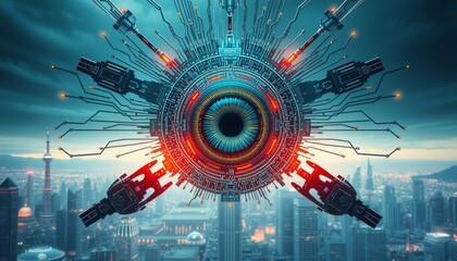 hyper-realistic image of a giant ai eye at the center intricate microchips and circuits radiate from