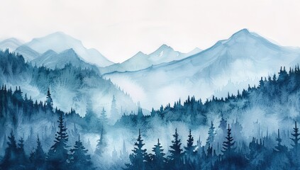 Wall Mural - A painting of a mountain range with a blue sky and trees