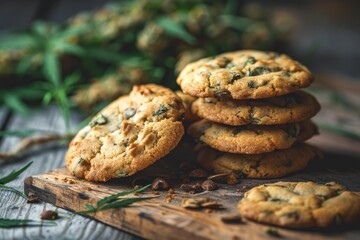 Sticker - Stack of delicious chocolate chip cookies with fresh herbs in the background, on rustic wooden surface