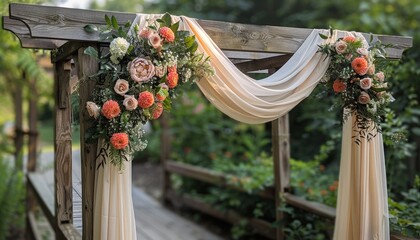 triangle arches at an outdoor wedding, white fabric draped over wooden frames with greenery and flowers intertwined