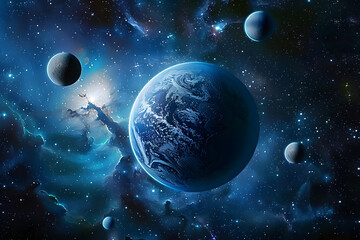 a blue planet surrounded by moons and mysteries in the deep space, blue, space, mysteries, moons