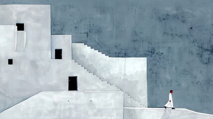 Wall Mural -   A person ascending a set of stairs in front of a building containing a staircase leading upward