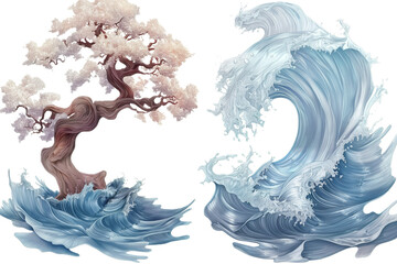 A stylized illustration of a large wave crashing against a blossoming tree with a black background.