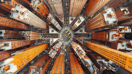 Wall Mural -   A towering building surrounded by numerous orange and white structures