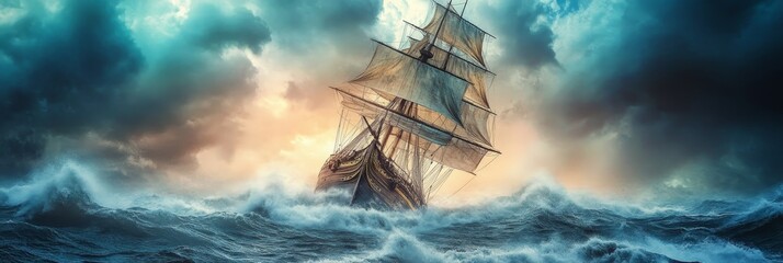 Sailing Through the Storm - A Ship Battles the Waves - A lone ship braves a turbulent sea, symbolizing resilience, determination, strength, hope, and overcoming challenges.