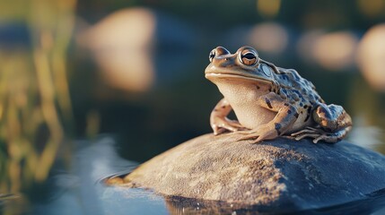 close-up of a small frog sitting on a rock by the lake