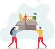 © Oleg - Humanitarian aid Charity concept.volunteers hold box with grocery products to help and support injured people.flat design with people.