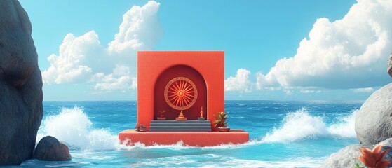 Poster - Dharma Wheel Dharmachakra Seaside Shrine Buddhism Religion Spiritual Symbol - Generative AI