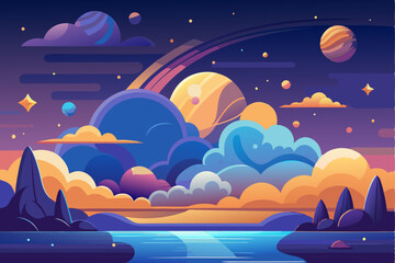 A Nighttime Landscape With a Blue Lake and Colorful Planets