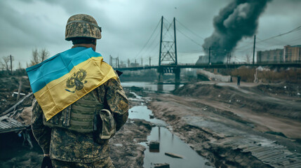 A soldier filled with patriotism and responsibility towards his homeland, defending his country with the Ukrainian flag, which he protects.