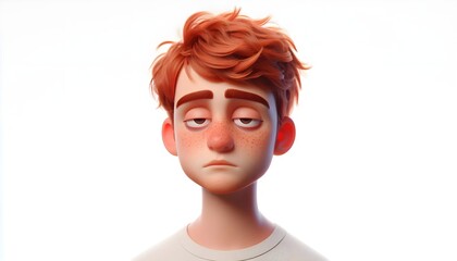 young guy, red-haired sad boy, 3d character portrait, isolated on white