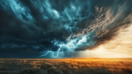 Wall Mural - a dramatic storm over vast prairies, with dark clouds, lightning strikes and heavy rain