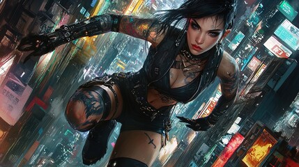 Empowered Sorceress: Supernatural Heroine with Intricate Tattoos in Cyberpunk City - Perfect Poster for Dynamic Sports Decor and Inspiring Ambience!