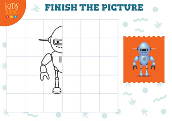 Wall Mural - Copy picture vector illustration. Complete and coloring game for preschool and school kids. Cute funny robot for drawing and education activity