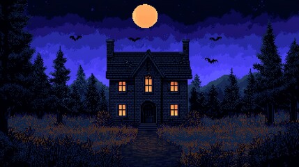 Wall Mural - Blocky pixel art haunted house background