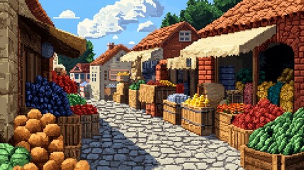 Wall Mural - Pixel art blocky village market background