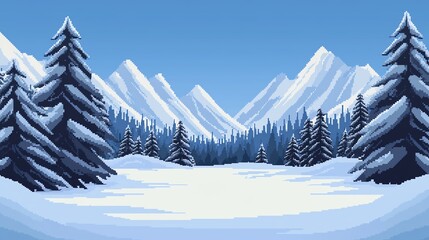 Wall Mural - Pixel art blocky winter landscape background