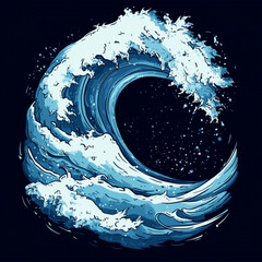 a modern and stylish cartoon illustration of an ocean wave, designed for white t-shirts targeting young adults in their 30s. 