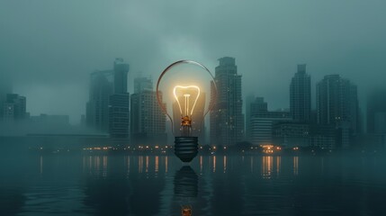 Wall Mural - A giant light bulb in the middle of a cityscape, symbolizing a big idea.