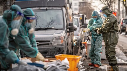 A group of people in hazmat suits are cleaning up a car