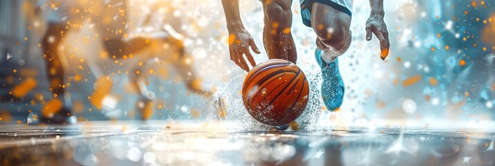 Dynamic action shot of a basketball player dribbling in motion with artistic light effects. Energy and speed captured on the court.