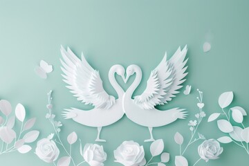 Wall Mural - Elegant Paper Cut Swans Forming Heart with Floral Accents on Pastel Green Background - Ideal for Wedding Invitations or Romantic Decor