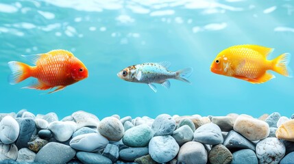 Three colorful fish swimming over a bed of pebbles in a clear underwater scene, illustrating marine life and aquatic beauty.