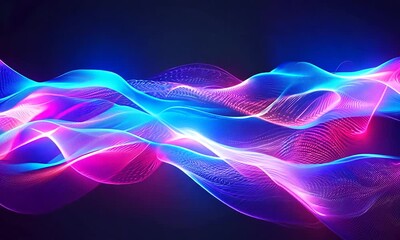 Abstract glowing blue and pink wavy lines on a dark background.