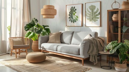 Sticker - Chic living room interior with gray sofa, wooden furniture, rattan lamp, plants, and elegant accessories. Home decor template. Poster mock-up.