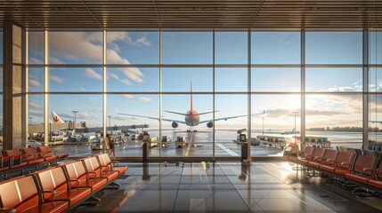 Poster - A modern airport terminal with seating and a view of an airplane on the runway.