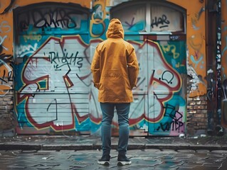 Wall Mural - Slender Person Modeling Casual Streetwear with Graffiti Art Background